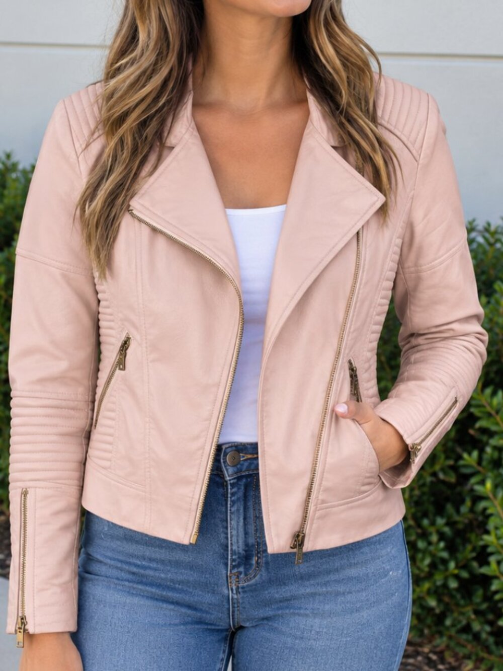 🩷 Calvin Klein Blush Pink Faux Leather Moto Jacket